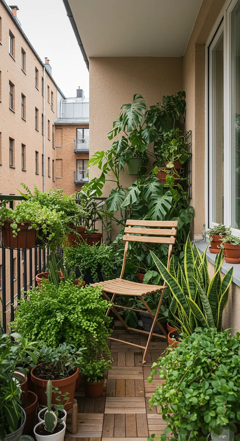 Balcón pequeño y frondoso, lleno de plantas en macetas y una silla de madera en el centro.