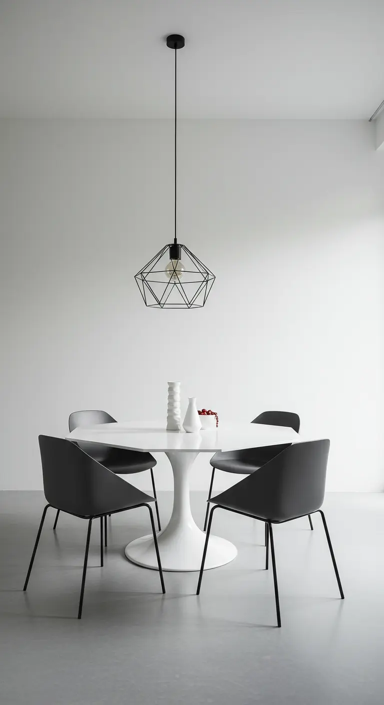Comedor minimalista con mesa redonda blanca, sillas grises y una lámpara geométrica de alambre negro.