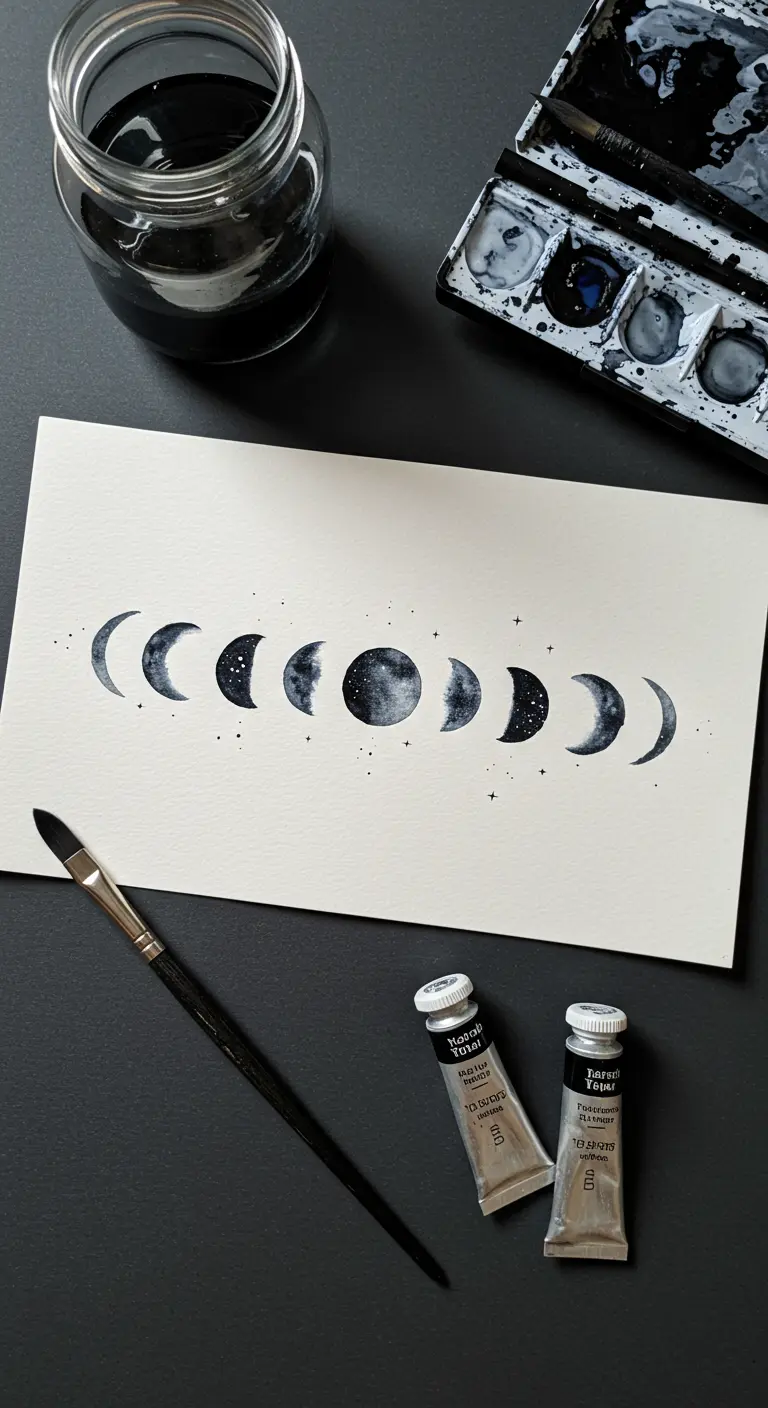 Acuarela de las fases de la luna en blanco y negro con pequeñas estrellas salpicadas.