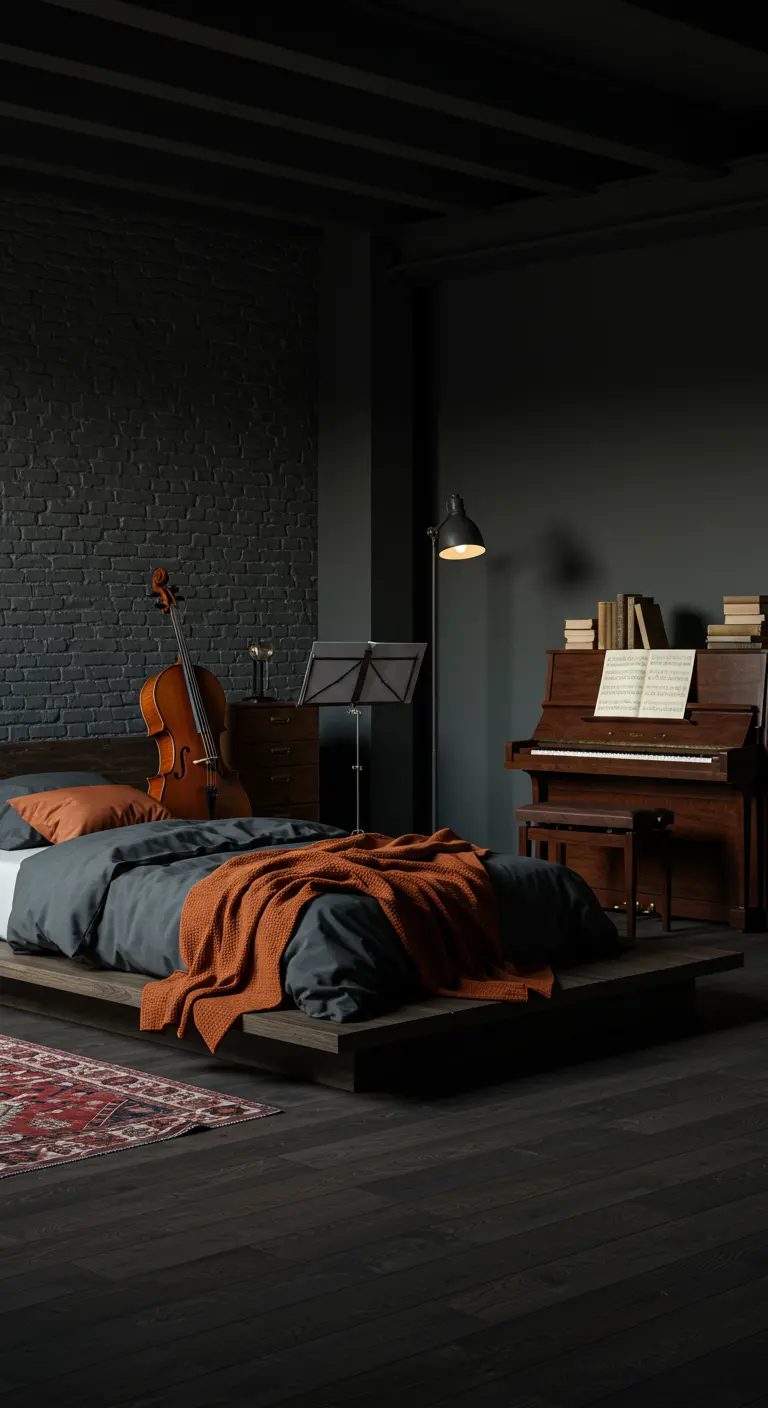 Dormitorio oscuro con un violonchelo, un piano y una cama con una manta naranja quemado