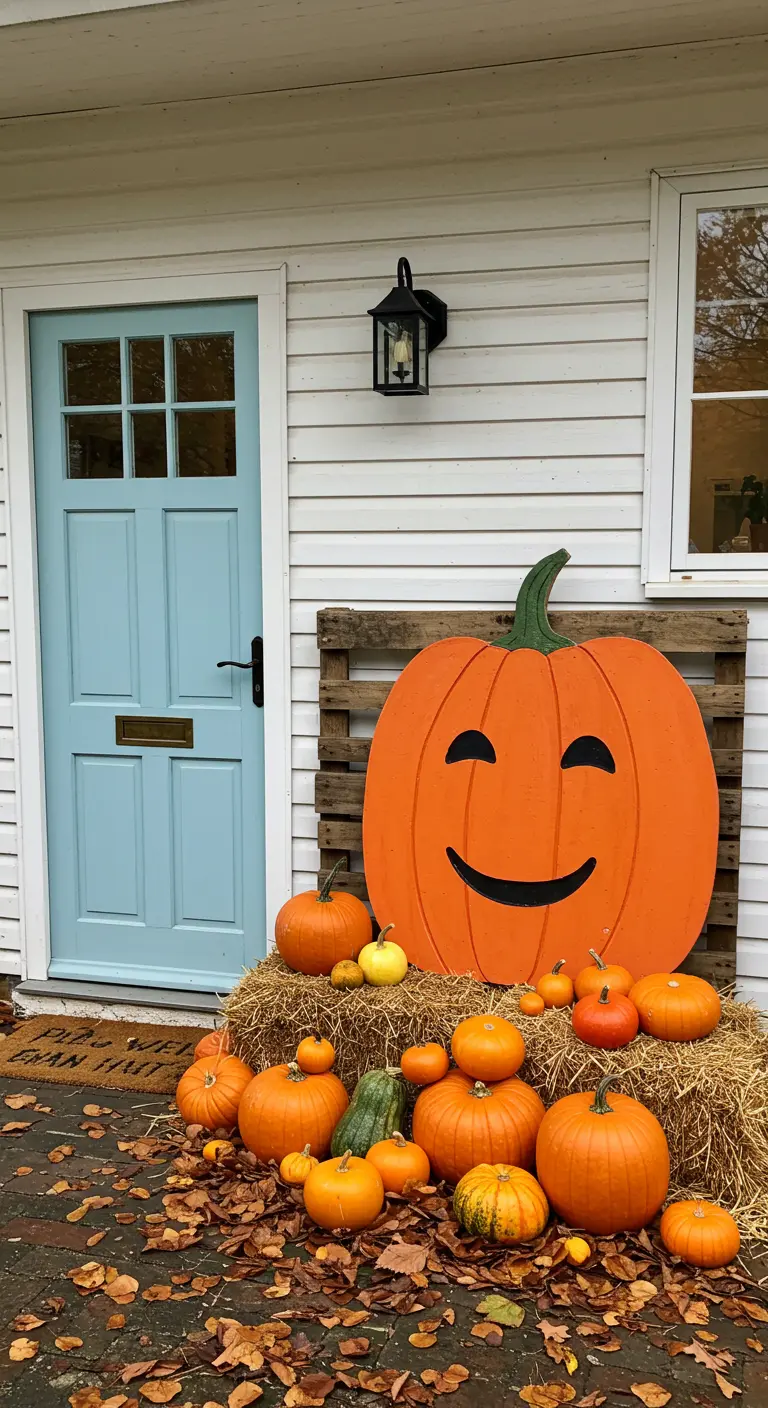 Calabaza gigante de madera con cara sonriente apoyada en un palet, rodeada de calabazas reales.