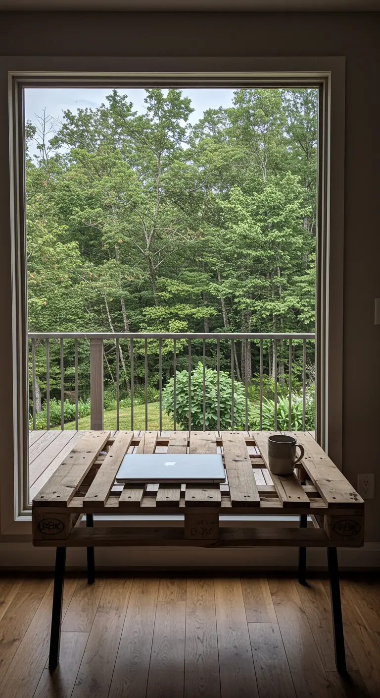 Escritorio minimalista de palet colocado frente a una gran ventana con vistas a un bosque.