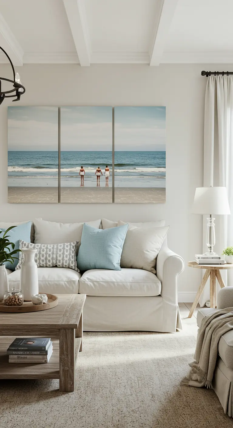 Tríptico a color de una escena de playa colgado en una sala de estar de estilo costero.