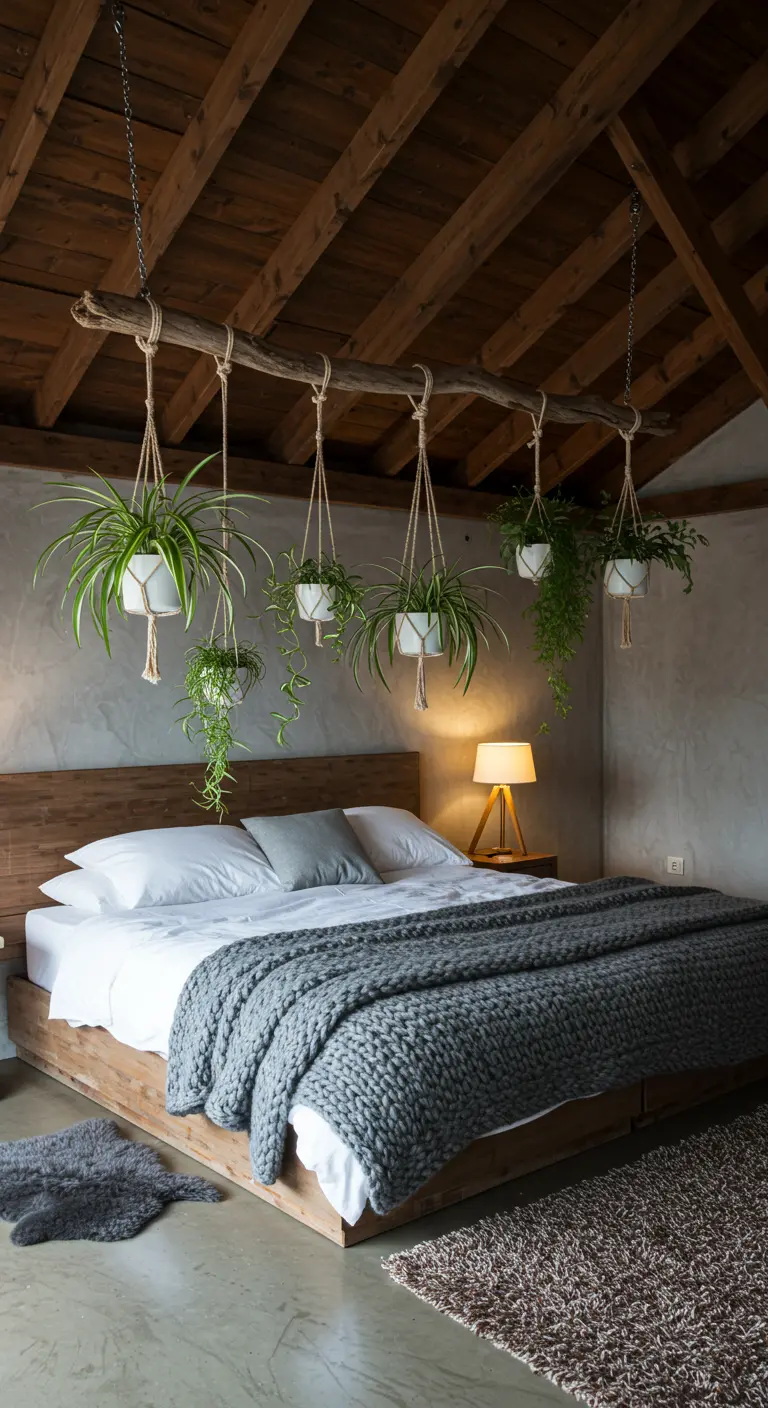 Cama de madera bajo un techo con vigas del que cuelga una rama con plantas en macetas blancas.