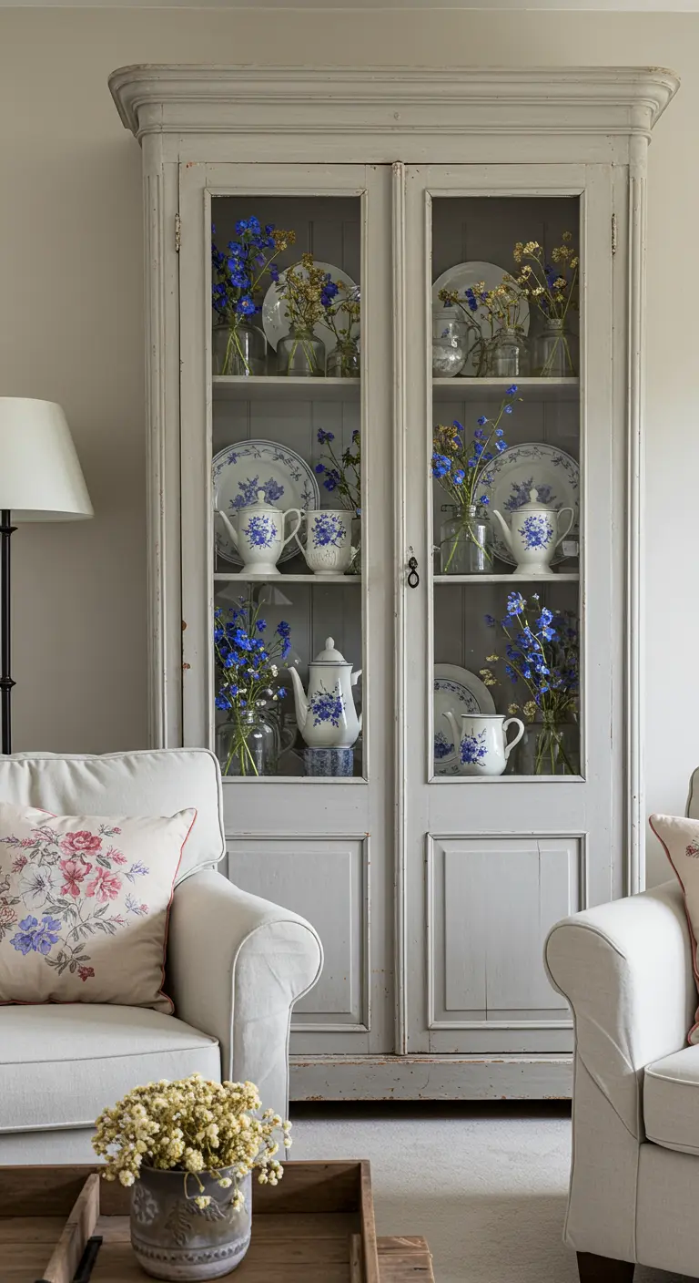 Vitrina de cristal gris con vajilla de porcelana blanca y azul, decorada con flores secas azules