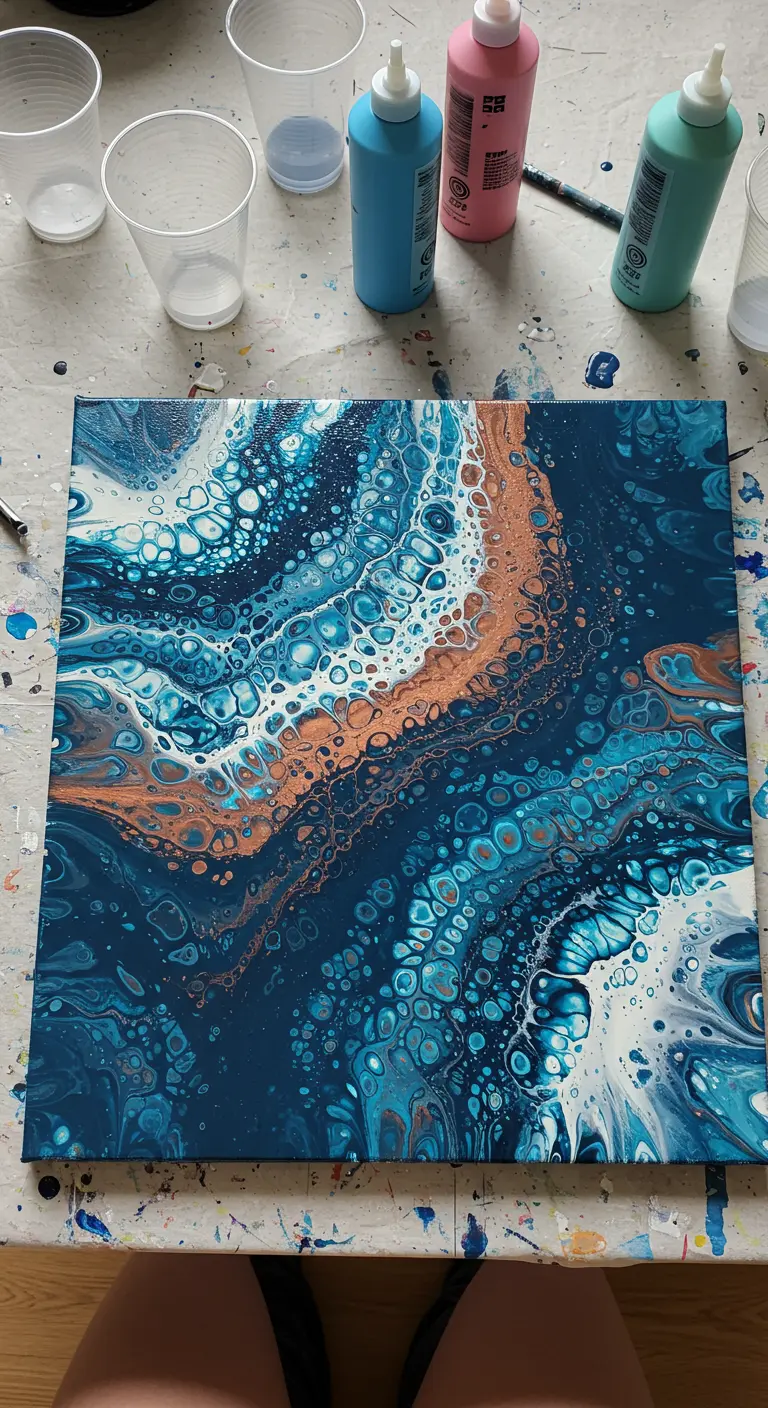Cuadro hecho con la técnica de vertido acrílico en tonos azules, blancos y cobre, creando células y ondas.