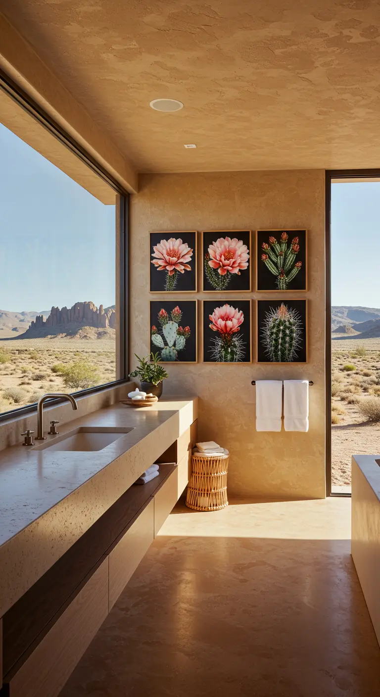 Baño con vistas al desierto y una serie de seis cuadros de cactus en flor en la pared.
