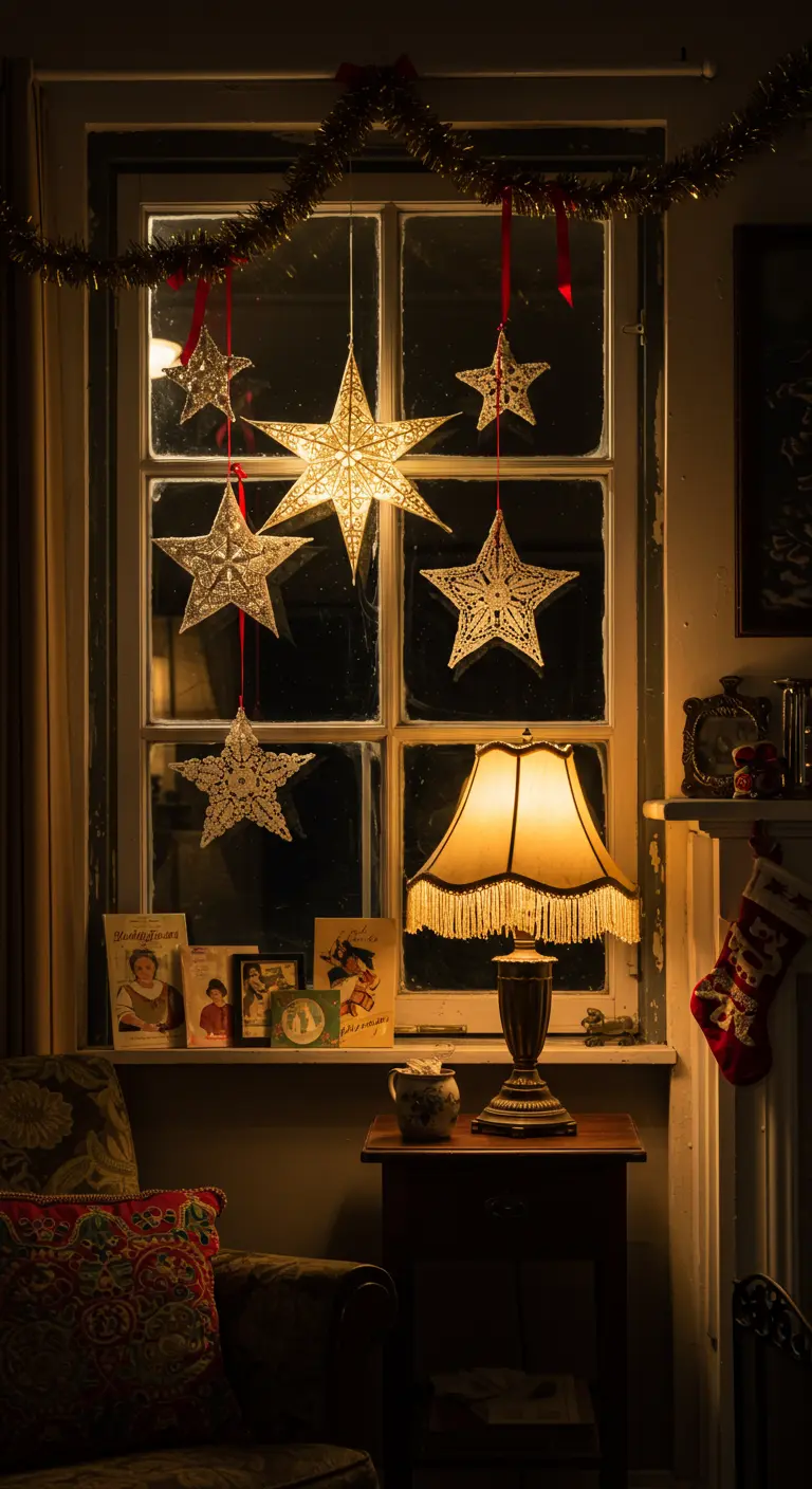 Ventana de estilo antiguo decorada con estrellas de filigrana colgando de cintas rojas y luz cálida.