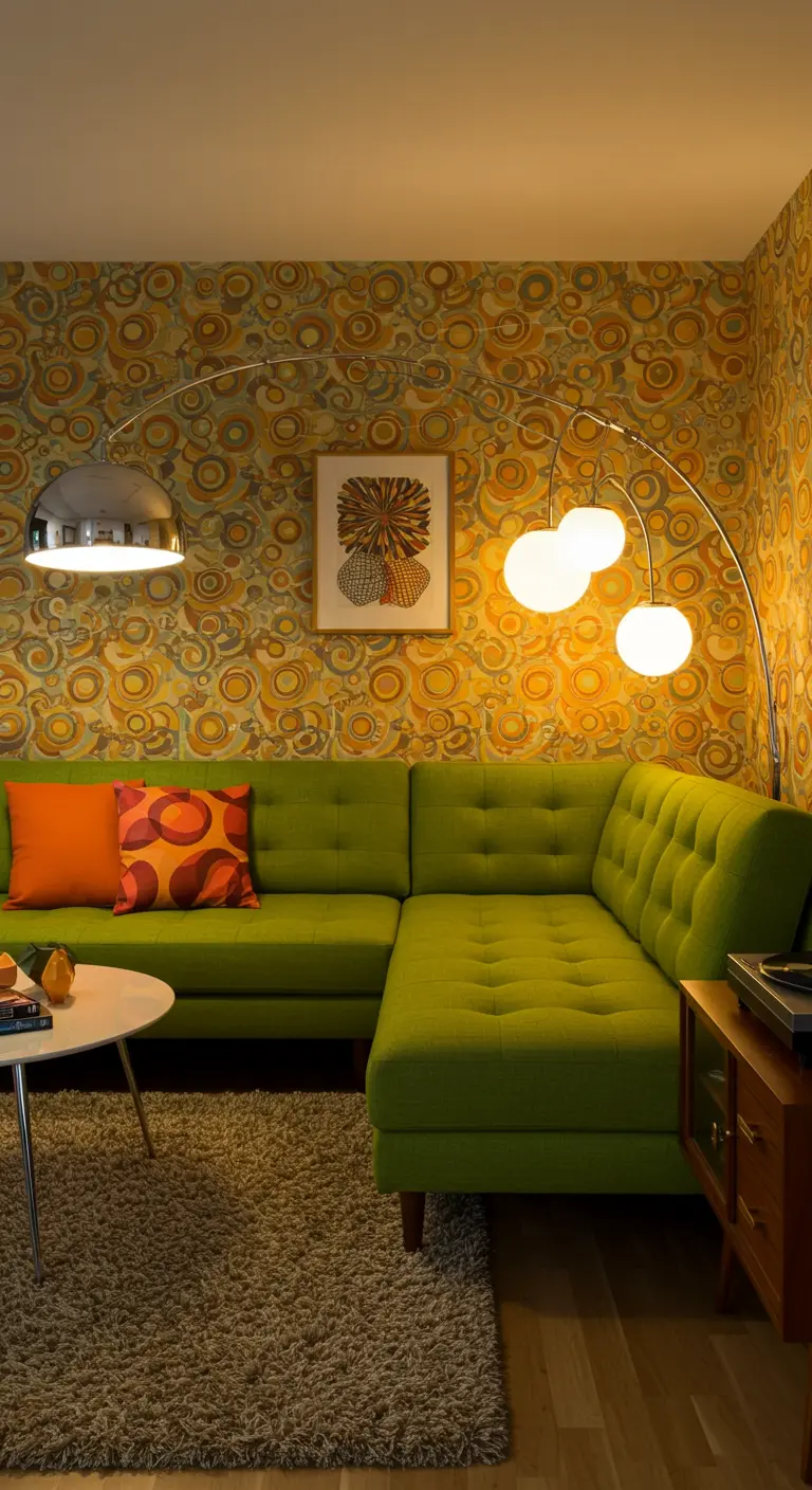 Sofá esquinero verde aguacate en una sala de estar de estilo años 70 con papel pintado psicodélico