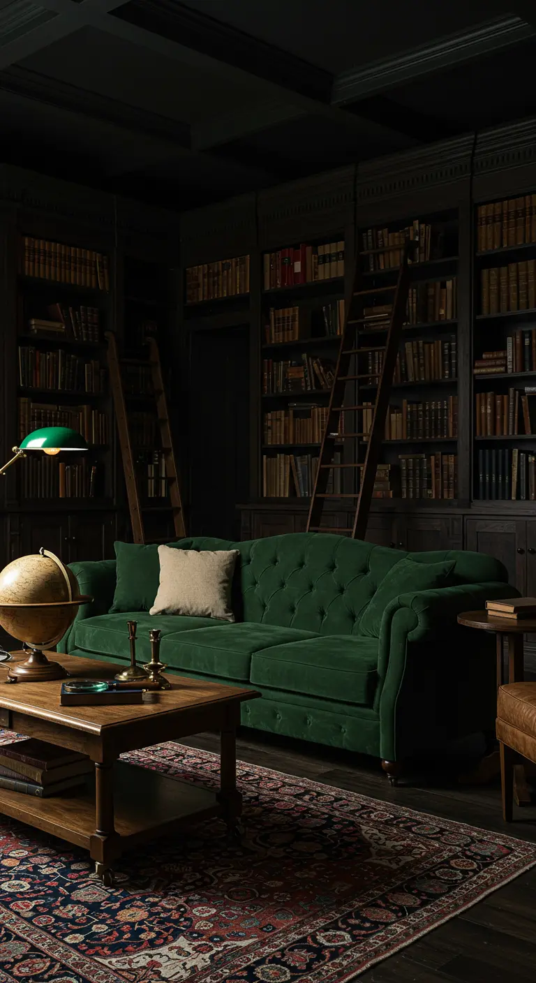 Sofá Chesterfield de terciopelo verde en una biblioteca oscura con paredes de madera y escaleras