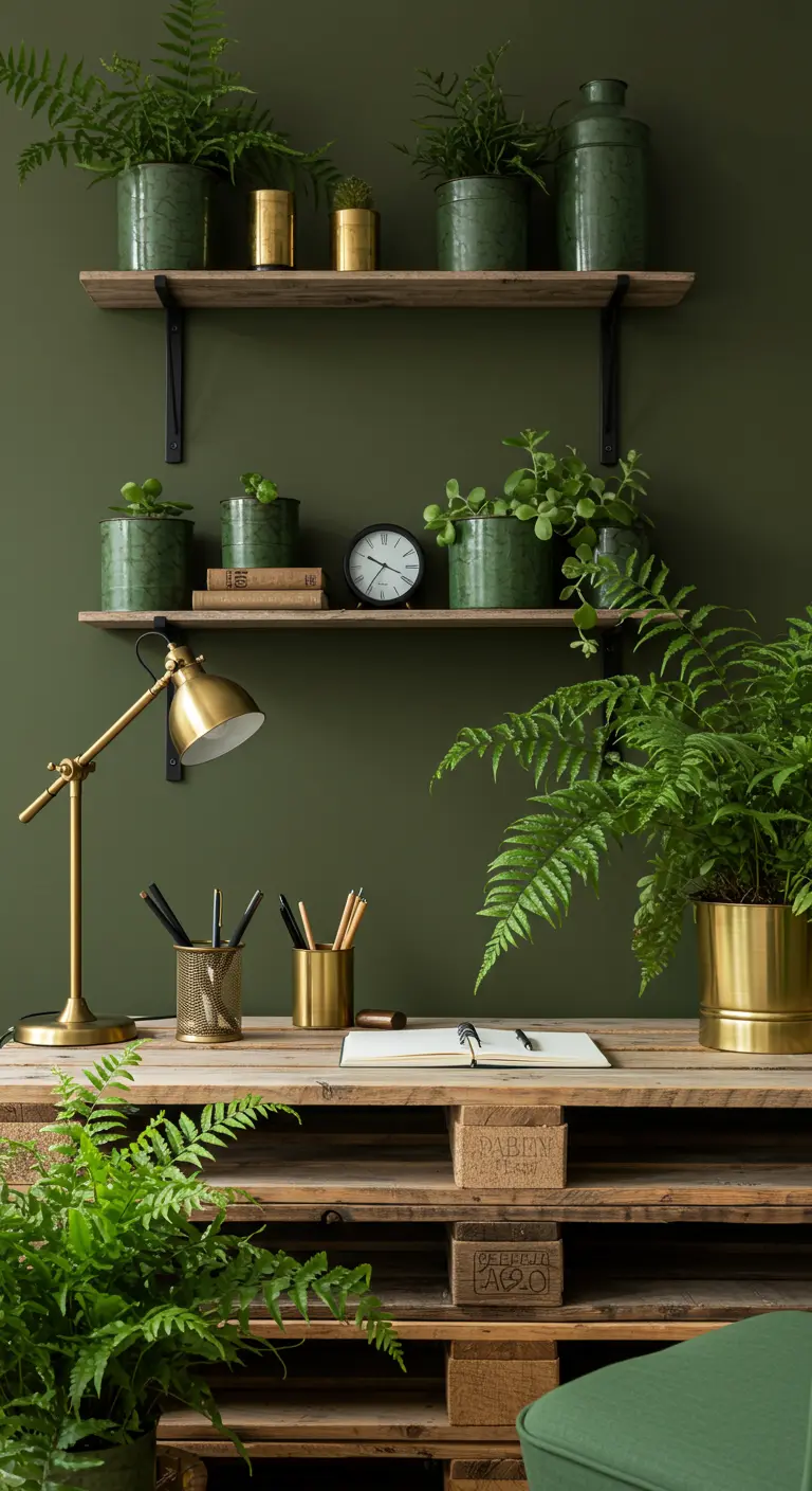 Escritorio de palet contra una pared verde oscuro, con estanterías y decoración en tonos verdes y dorados.