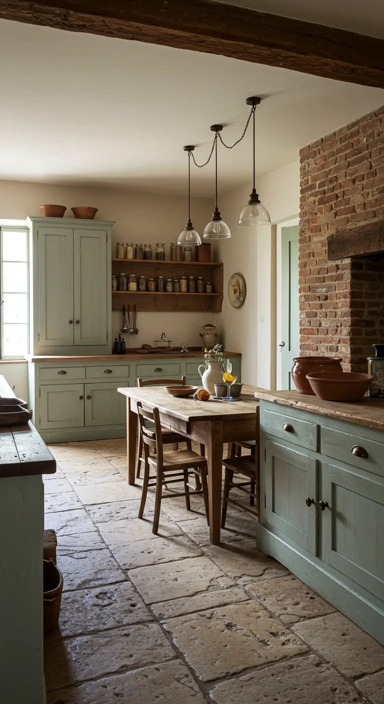 Cocina de inspiración francesa con muebles en verde salvia, suelo de piedra y pared de ladrillo visto.
