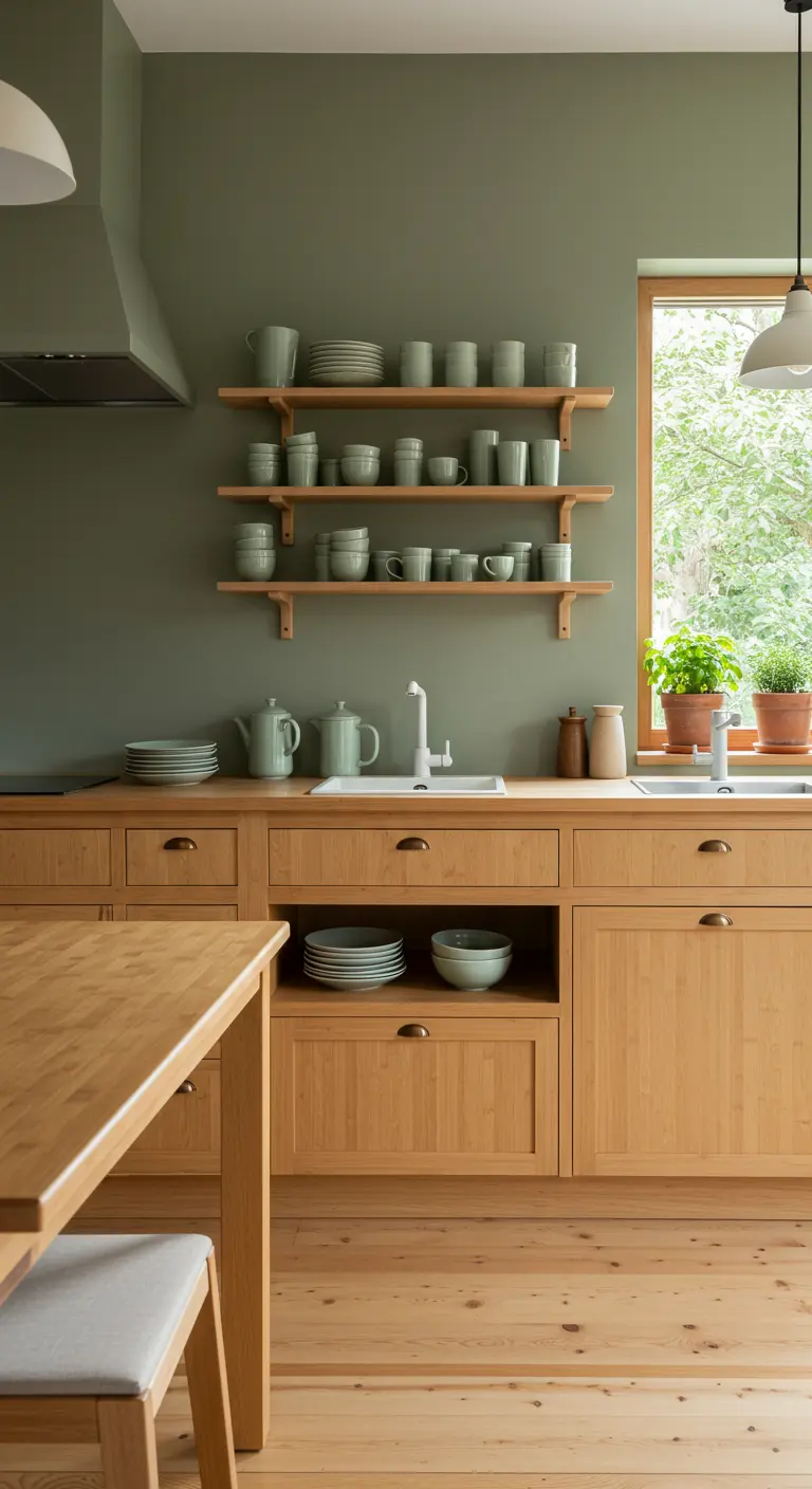 Cocina con paredes verde salvia, armarios de madera clara y estanterías abiertas con vajilla a juego.