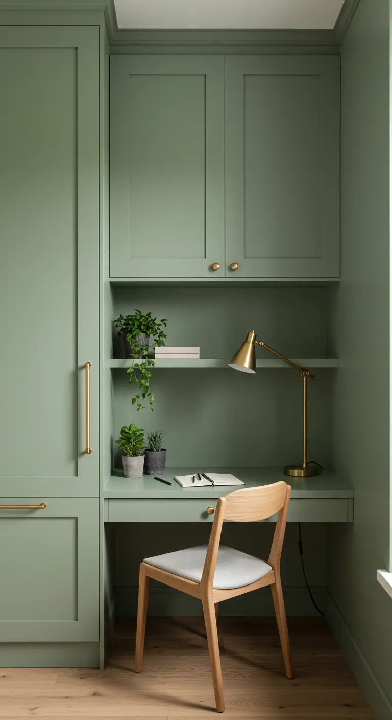 Oficina integrada en un mueble a medida de color verde salvia con detalles dorados.