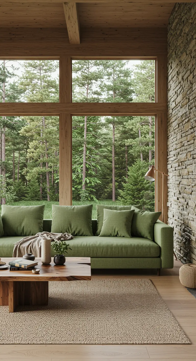 Sofá verde salvia en una cabaña moderna con pared de piedra y grandes ventanales al bosque