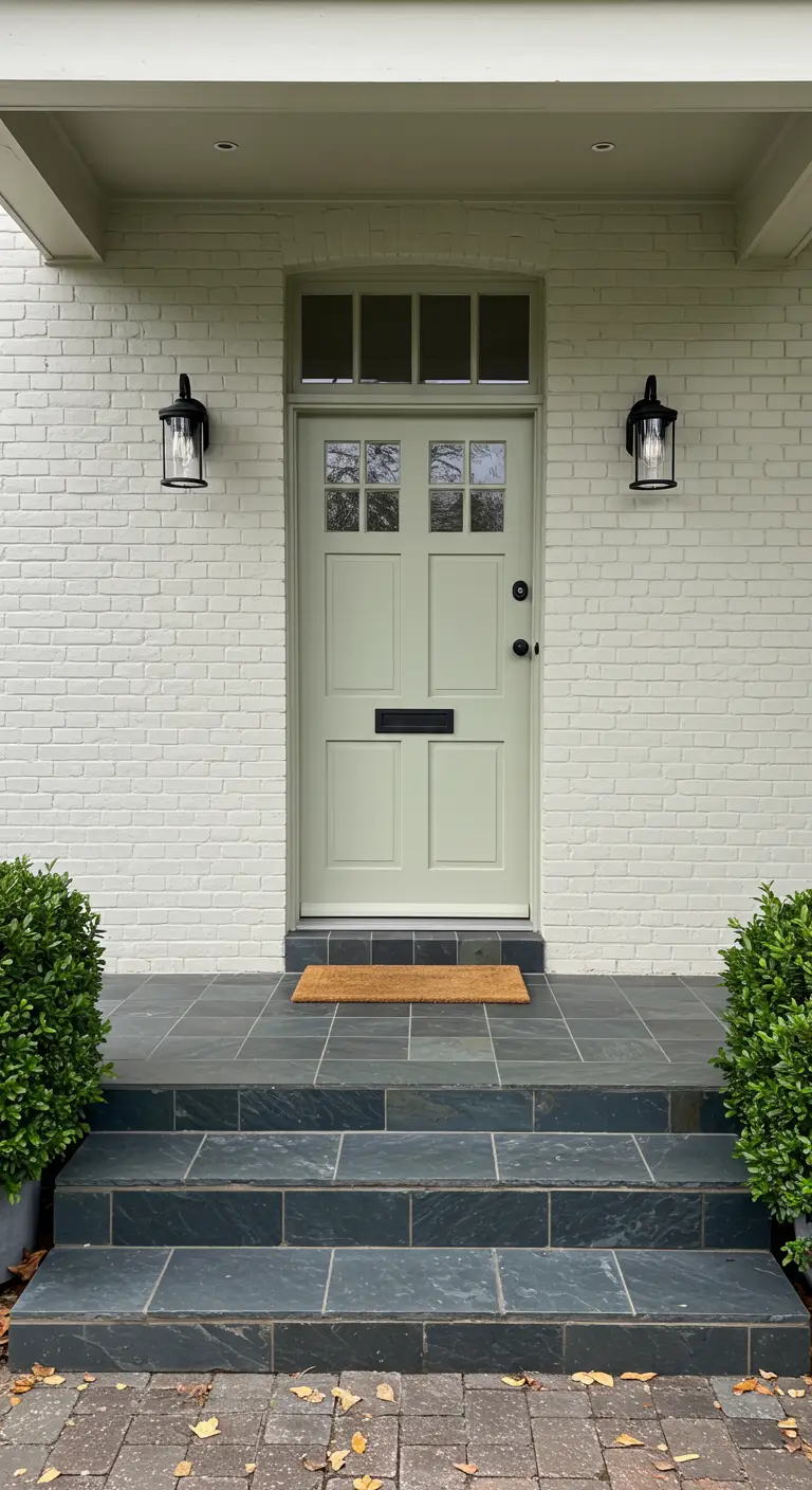 Entrada con pared de ladrillo blanco, puerta verde salvia y escalones de pizarra oscura
