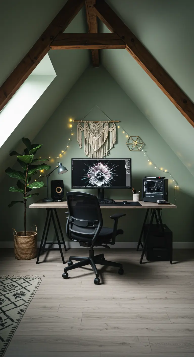 Espacio de trabajo moderno en ático con pared verde salvia, macramé y luces de hadas.