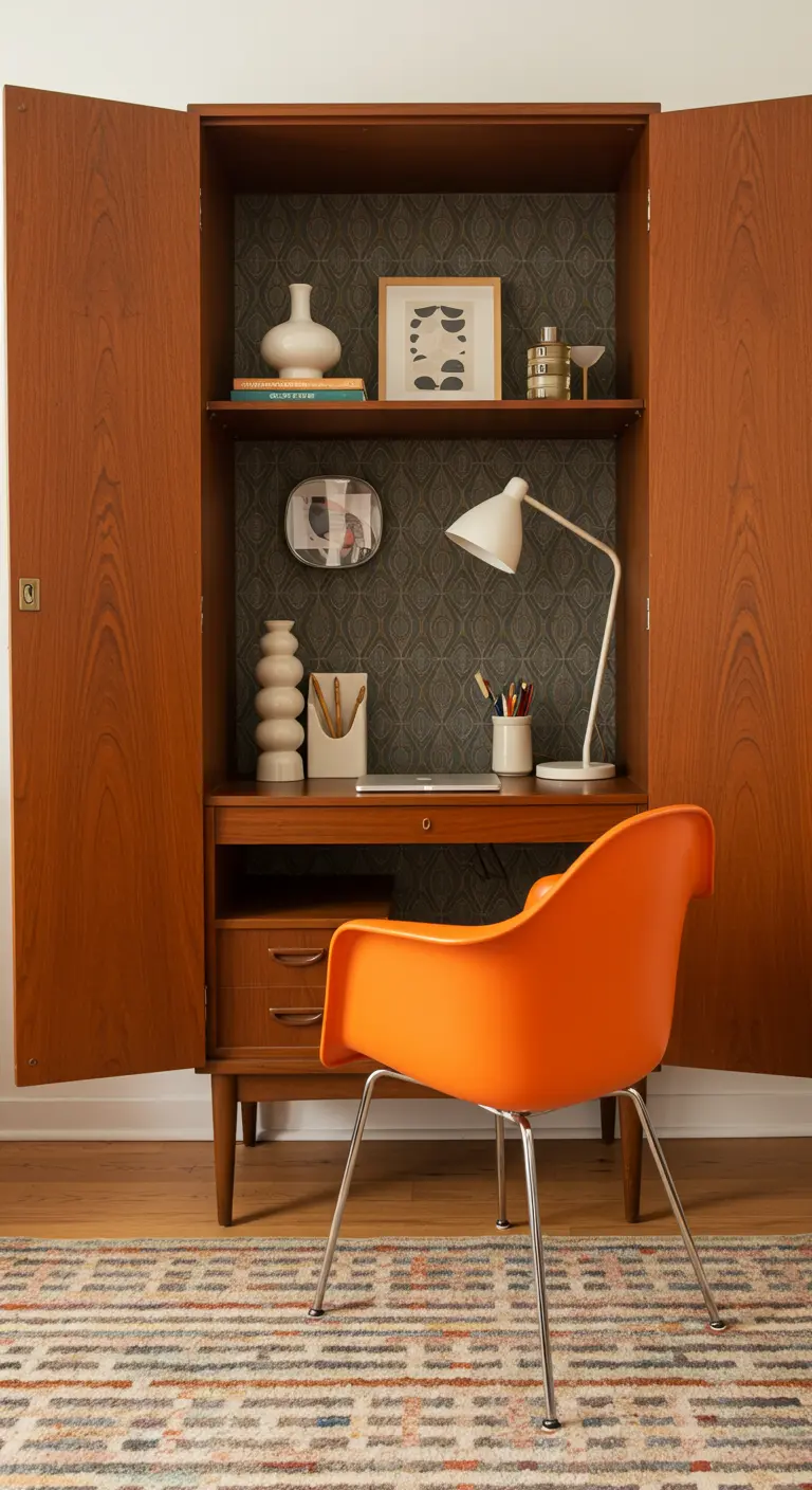 Oficina de estilo Mid-Century en un mueble de teca con silla naranja vibrante.