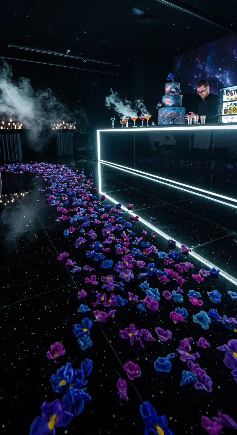 Pétalos de flores azules y moradas en el suelo negro de un bar futurista con luces de neón y humo.