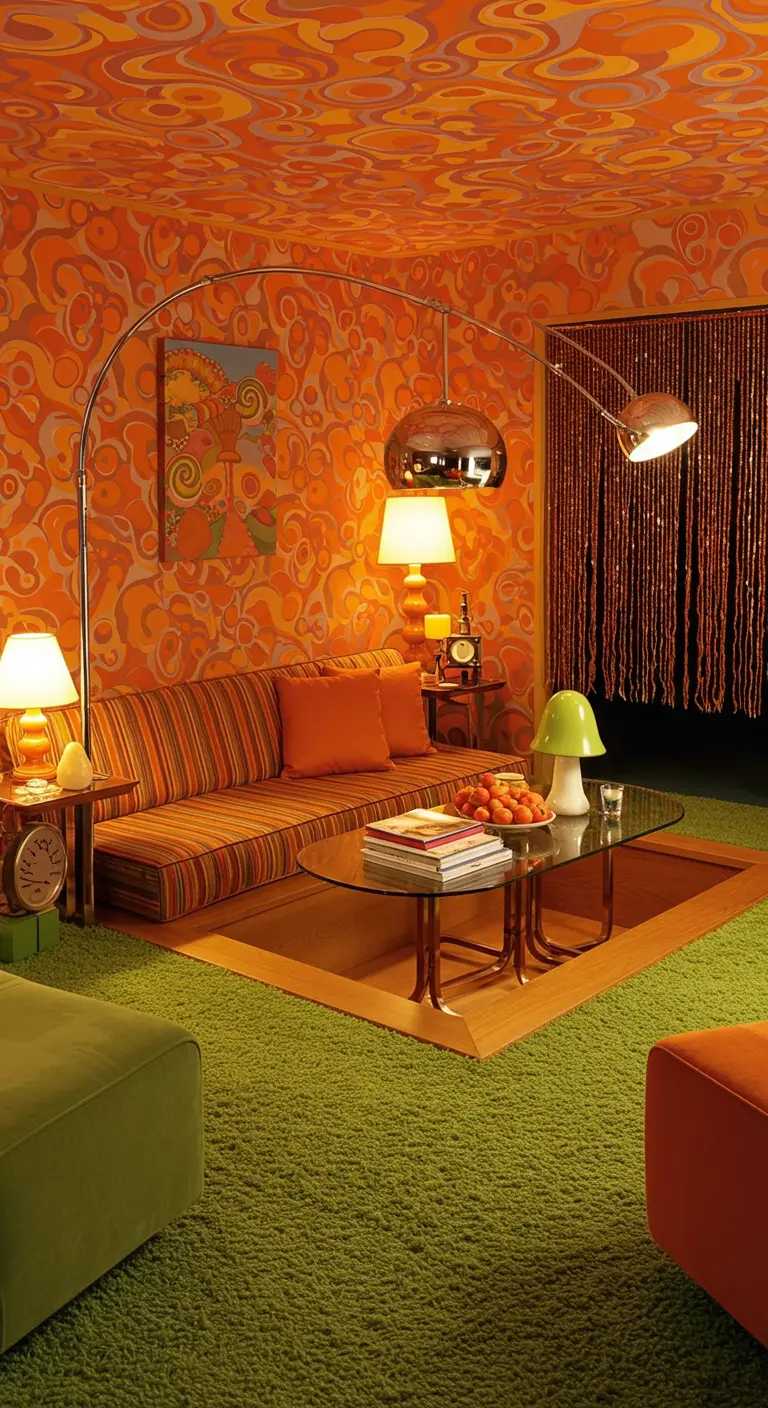 Sala de estar retro de los años 70 con papel pintado naranja, alfombra verde y lámpara de arco.
