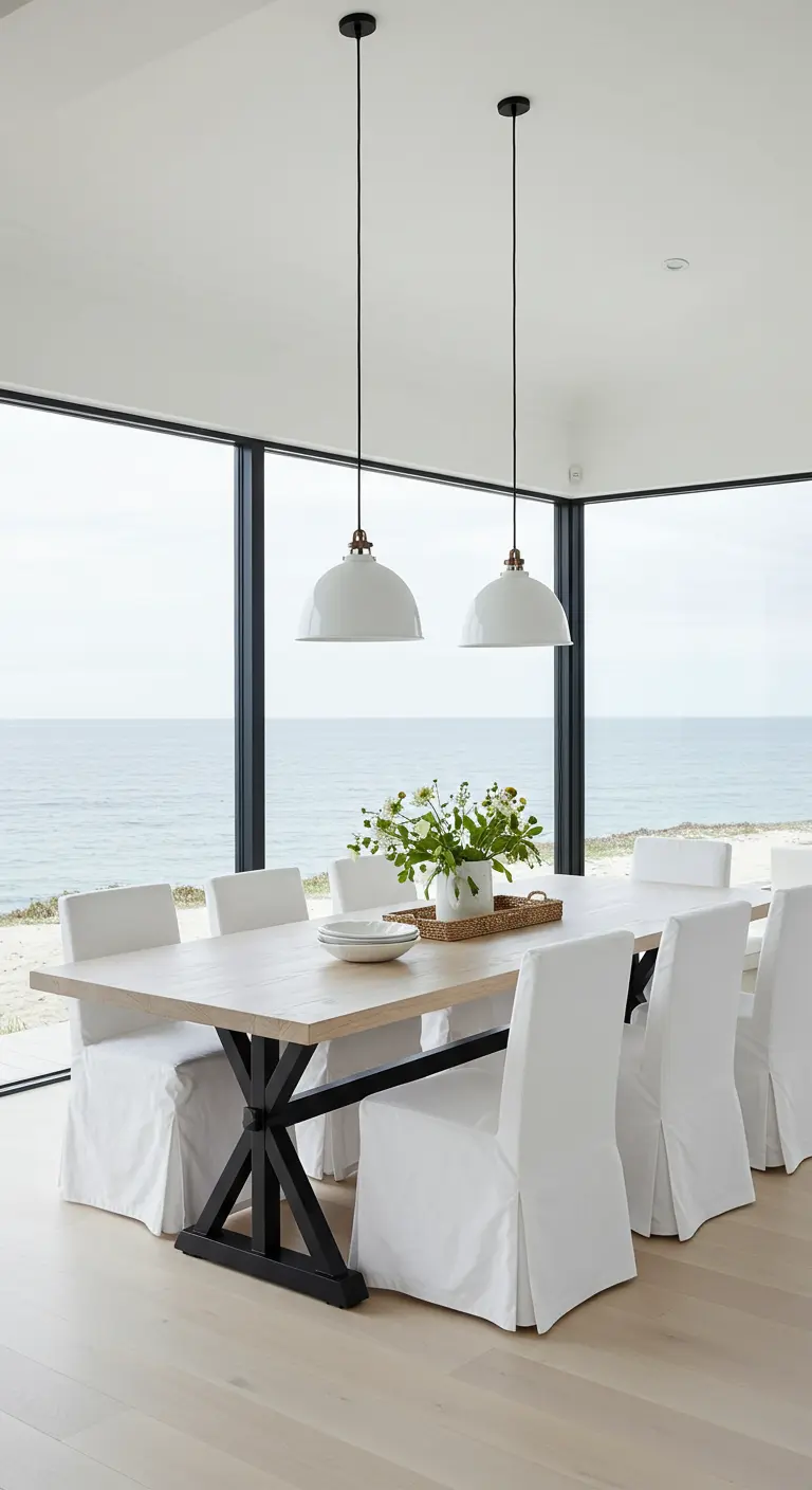 Comedor con impresionantes vistas al mar, mesa de madera con base negra y sillas con fundas blancas.