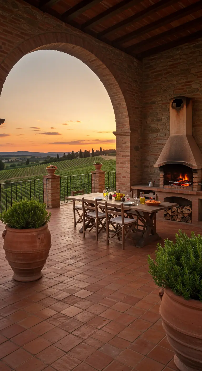 Terraza cubierta con arcos de ladrillo, vistas a un viñedo y grandes macetas de terracota.