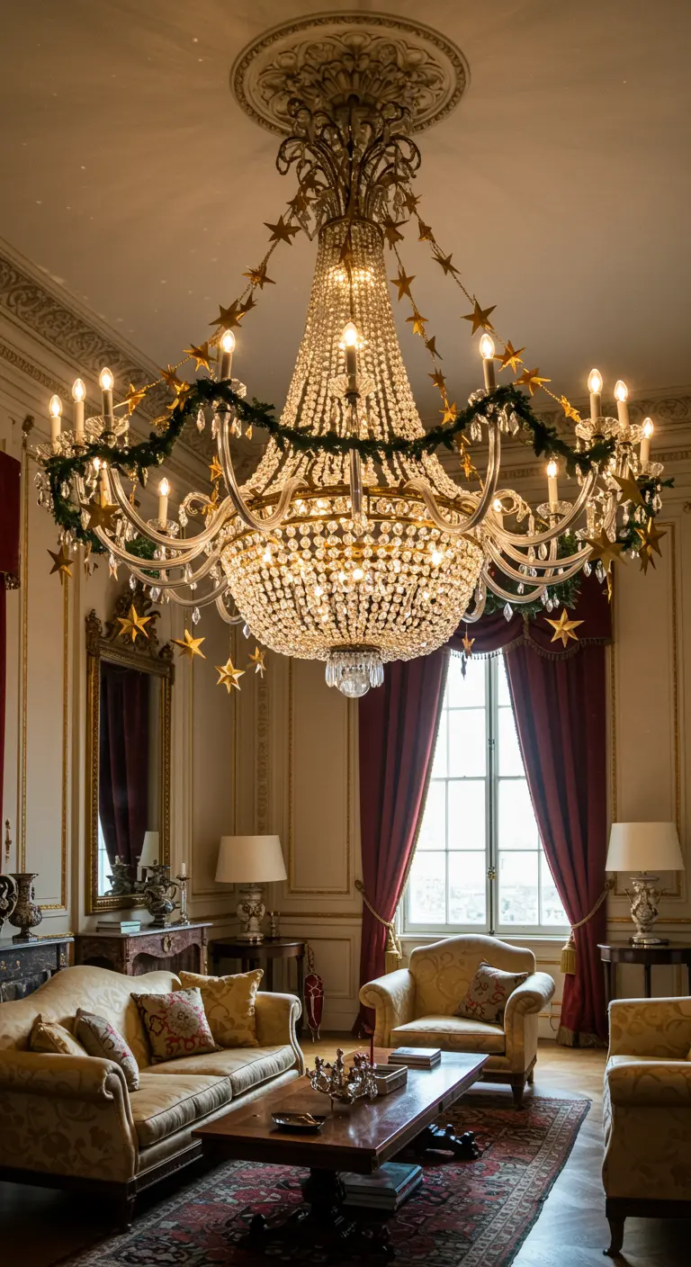 Candelabro de cristal opulento decorado con una guirnalda de pino y estrellas doradas.