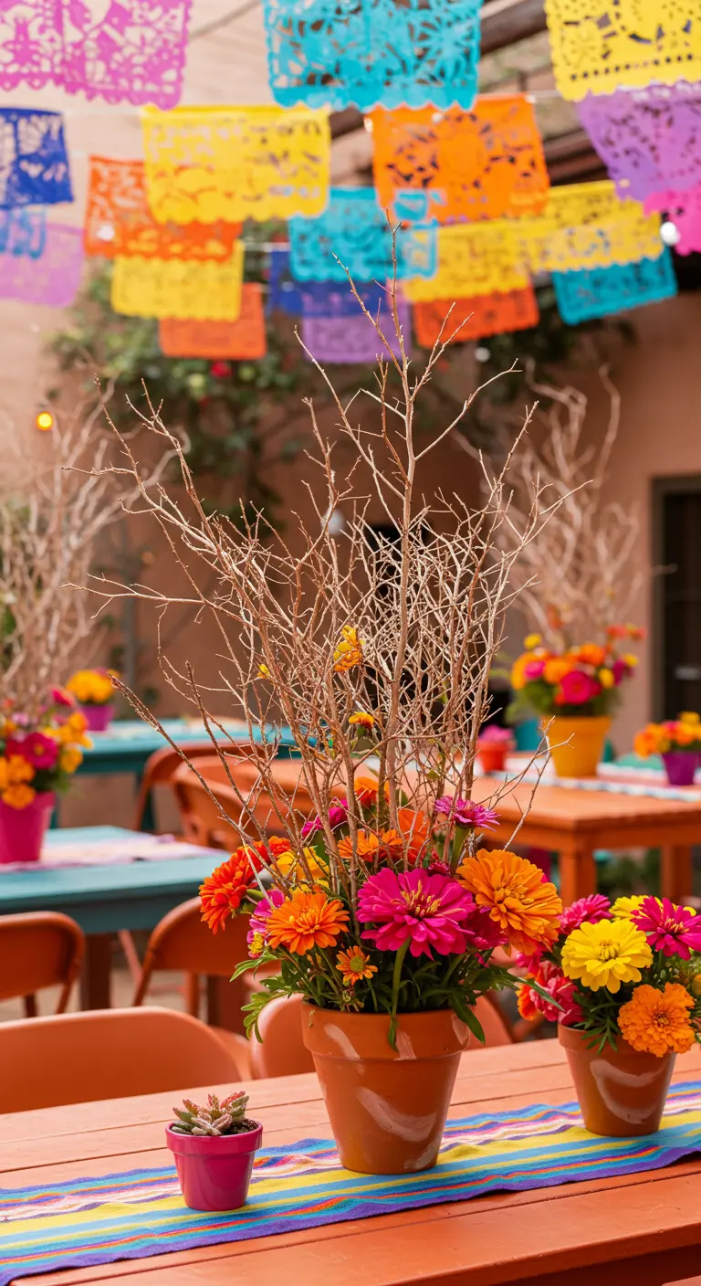 Centro de mesa para fiesta mexicana con ramas, flores de colores y papel picado.