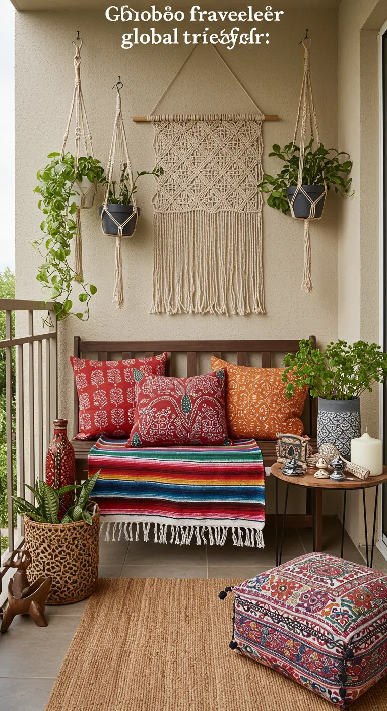 Banco de madera en un balcón con una colorida manta mexicana, cojines étnicos y un tapiz de macramé.