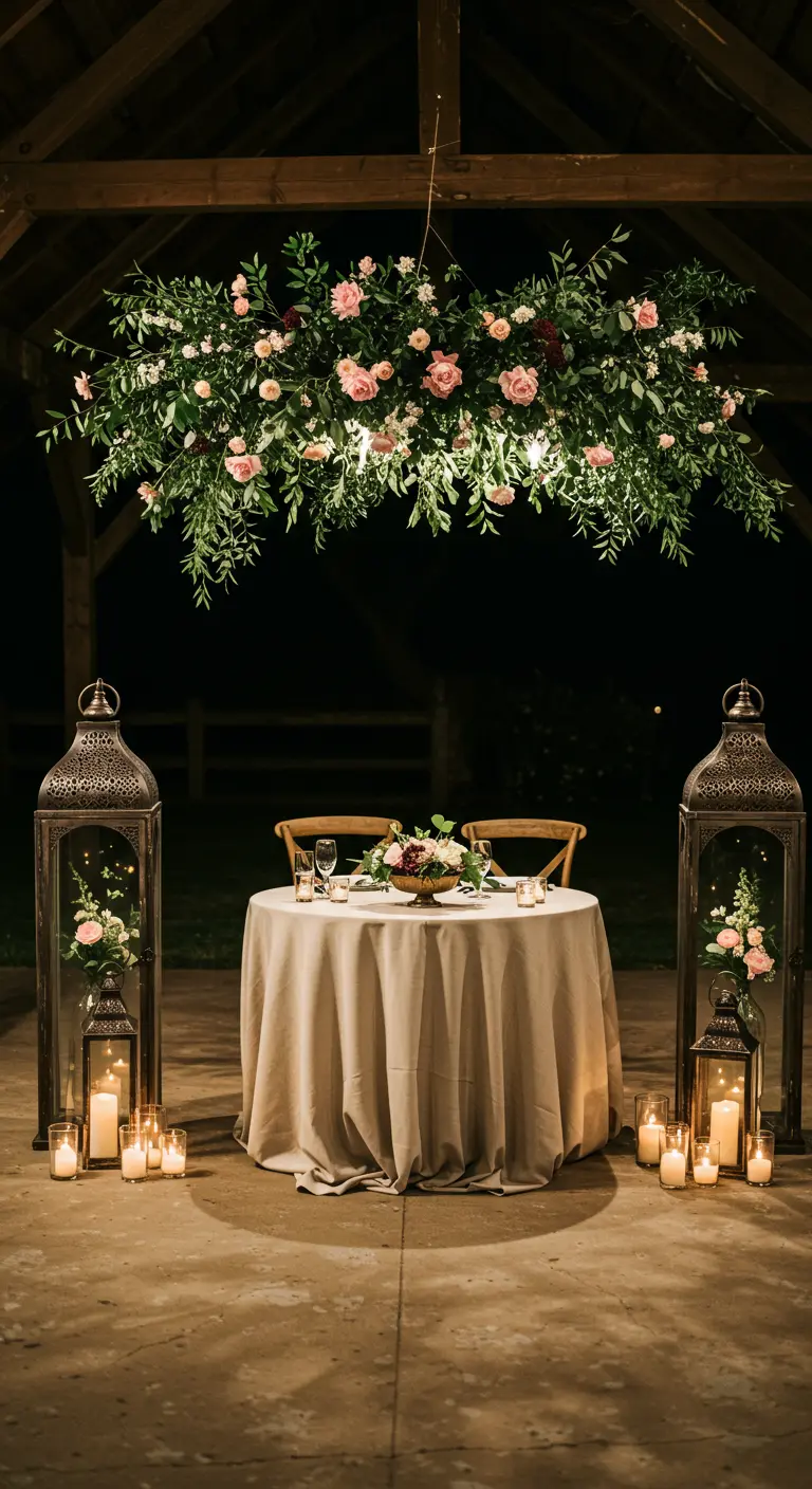 Mesa de novios por la noche, flanqueada por dos grandes faroles y con un arreglo floral colgante.