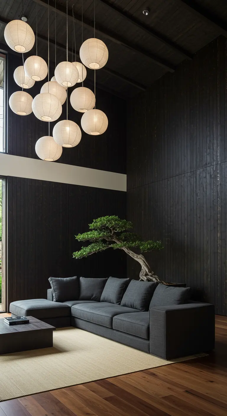 Sala de estar oscura y elegante con un sofá gris, lámparas de papel y un bonsái.