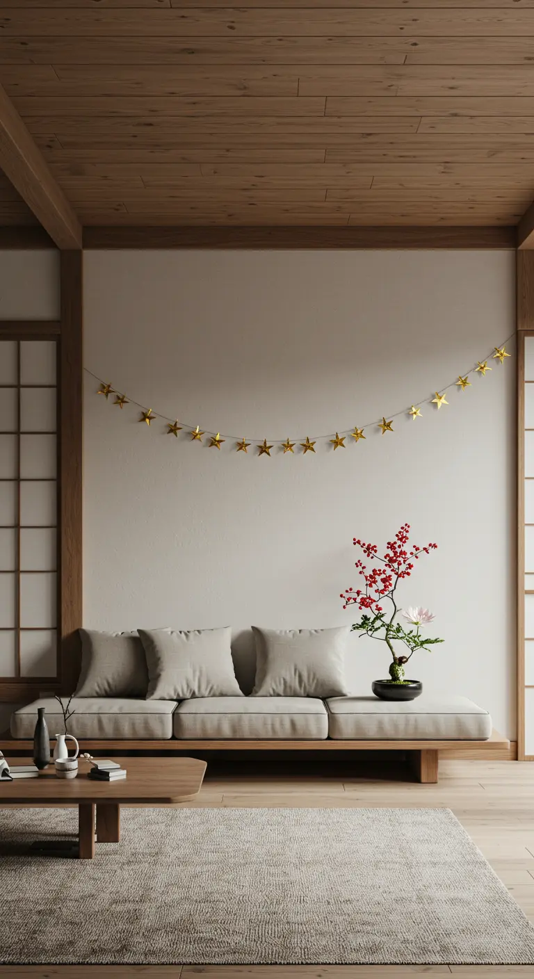 Salón minimalista de estilo japonés con una sencilla guirnalda de estrellas en la pared.