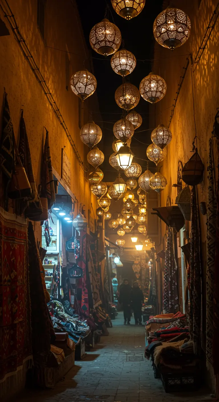 Pasillo estrecho de un mercado marroquí iluminado por farolillos metálicos colgantes.