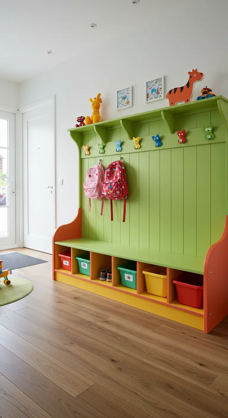 Banco infantil de colores vivos con cubos de plástico y percheros en forma de animal.