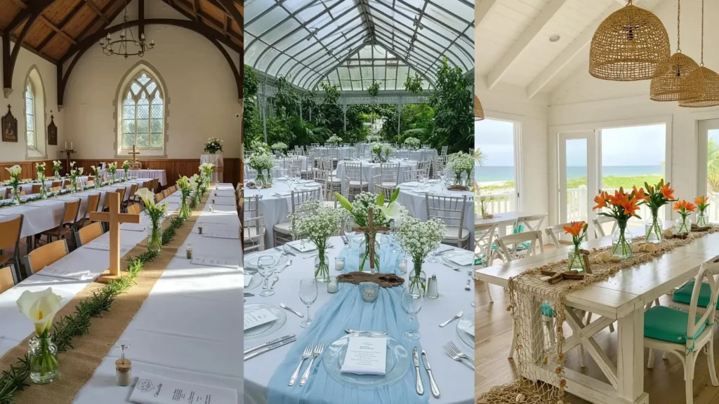 Centros de mesa con cruces de madera y lirios blancos decorando una larga mesa en un evento festivo.
