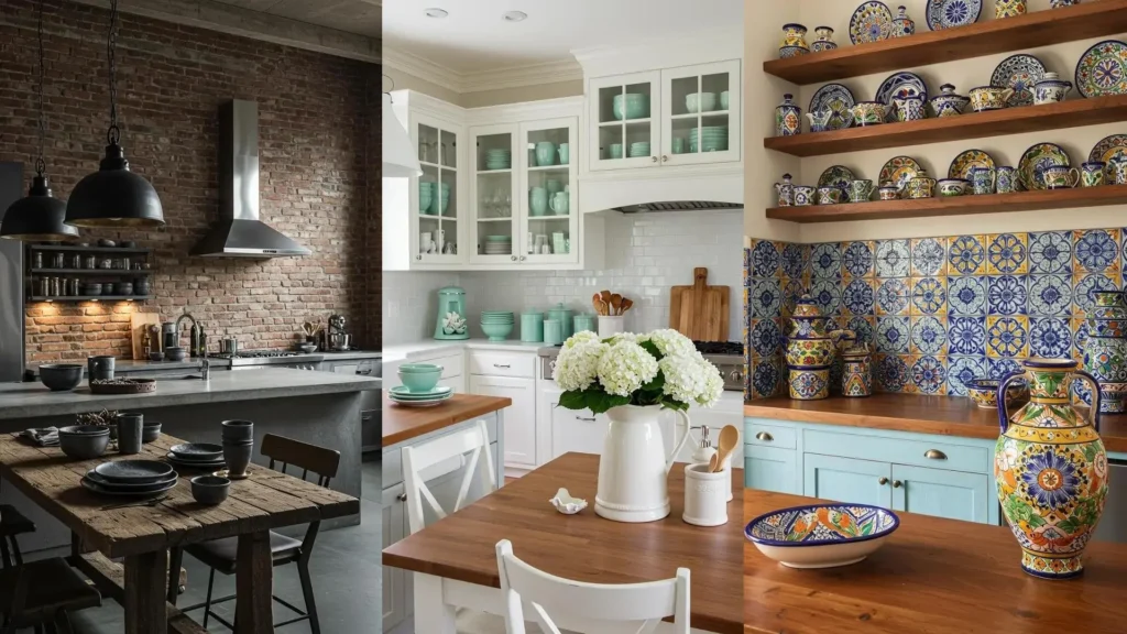 Una composición de tres cocinas mostrando vajillas, jarrones y azulejos de cerámica artesanal en diferentes estilos.