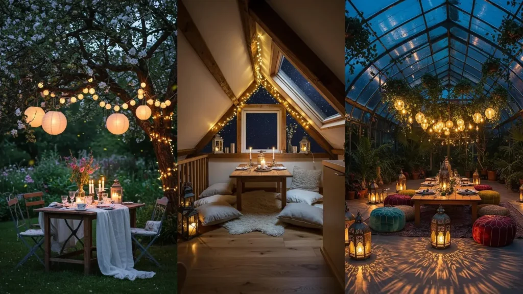 Comedores románticos con iluminación suave para cenas íntimas: jardín, ático y invernadero con luces cálidas.