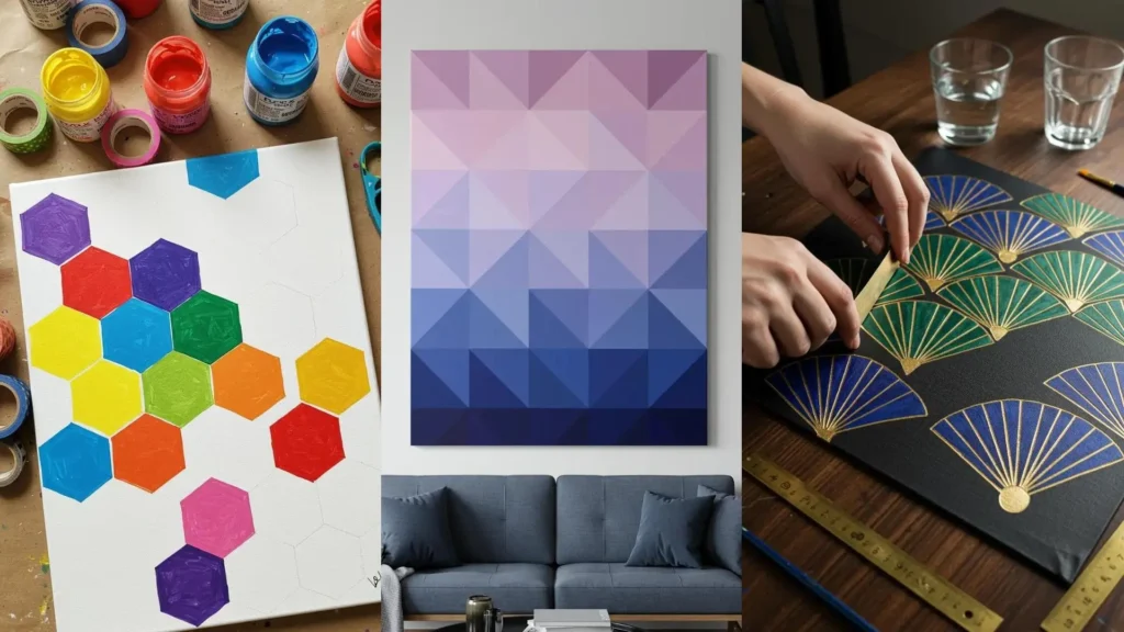 Manos creando cuadros geométricos DIY usando cinta adhesiva y vibrante pintura acrílica sobre lienzo.
