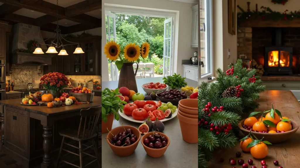 Decoraciones de cocina con frutas y flores de temporada: girasoles, calabazas, bayas y cítricos.