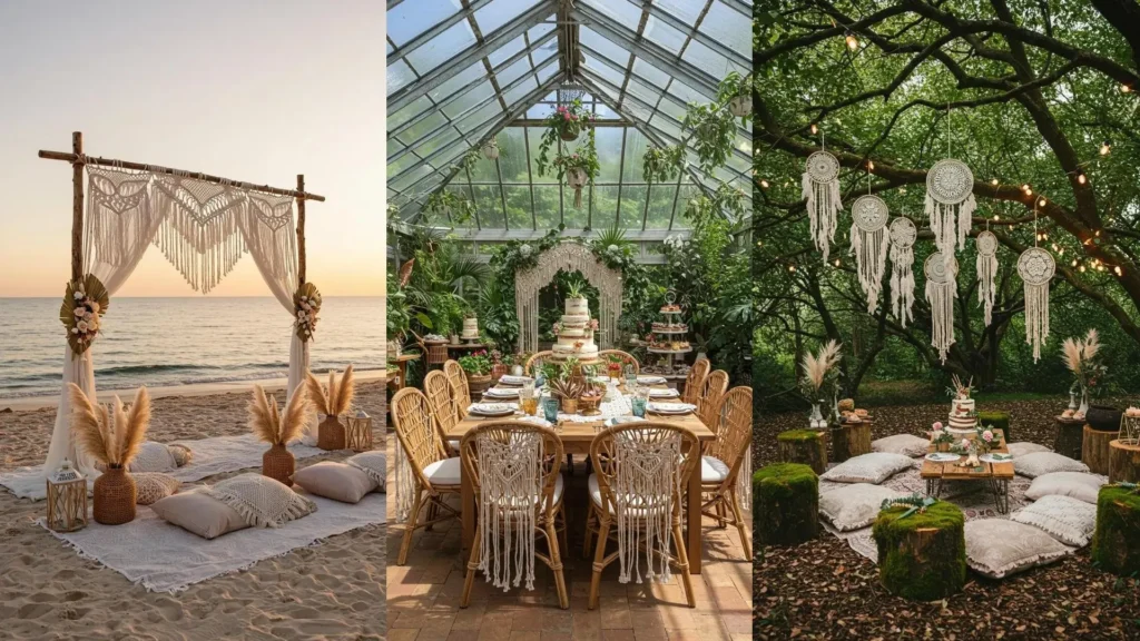 Hermosas decoraciones de cumpleaños estilo boho con macramé en diferentes escenarios naturales y elegantes.