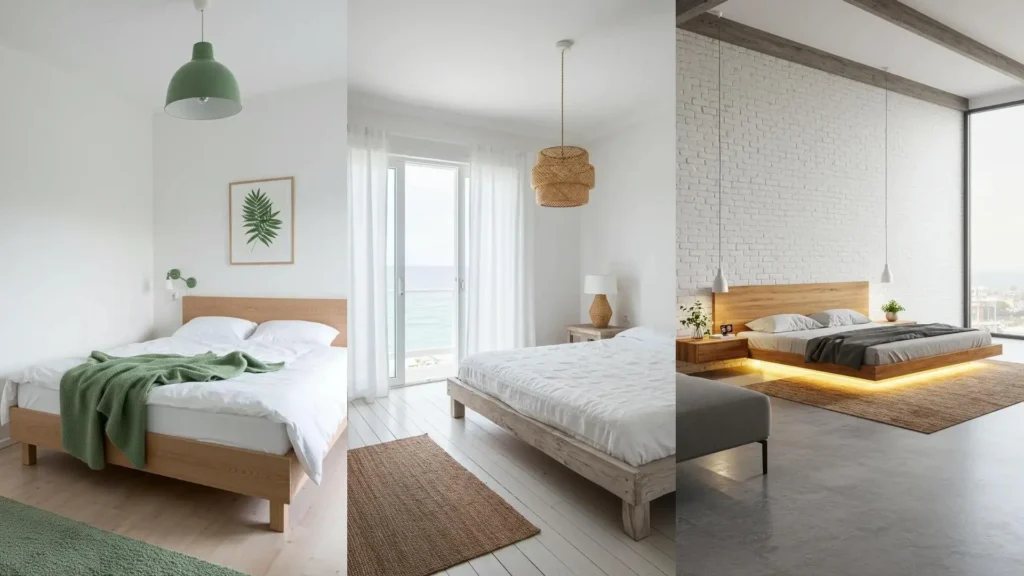 Tres dormitorios minimalistas con camas de madera, paredes blancas y decoración sencilla que inspira calma.