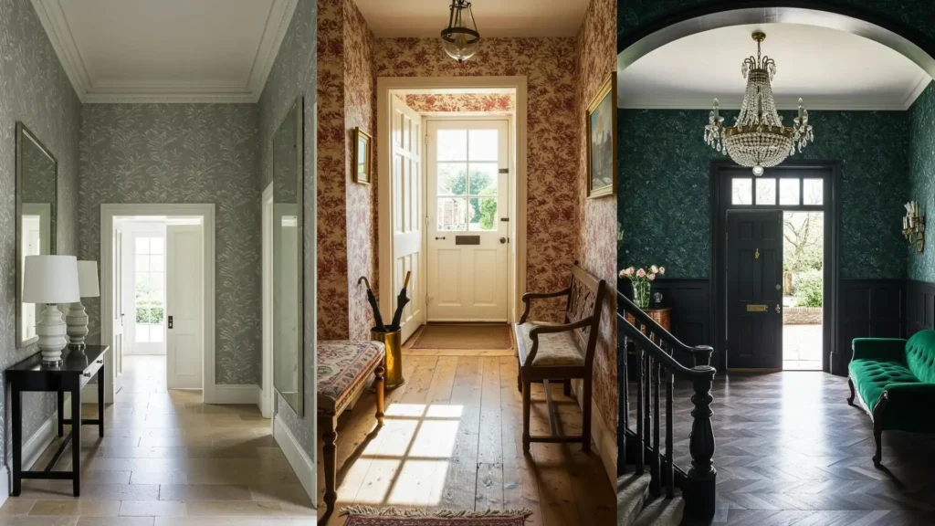 Varias entradas clásicas inglesas con papel tapiz estampado, ofreciendo elegancia atemporal en el diseño de interiores.