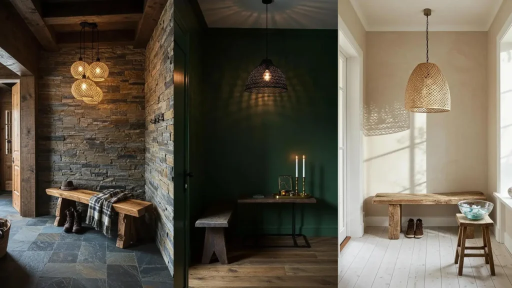 Entradas rústicas: bancas de tronco, paredes de piedra y lámparas de mimbre. Ideas de decoración con encanto.