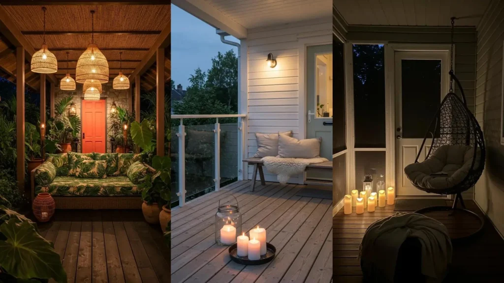 Porches acogedores para noches de verano, con velas, linternas y sofás. Ideas de decoración exterior para relajarse.
