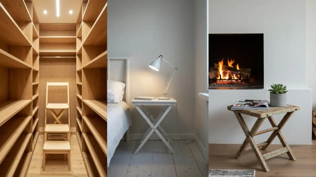 Decoración con taburetes plegables: mesa de noche, escalón en armario y auxiliar junto a chimenea, optimizando espacios pequeños.