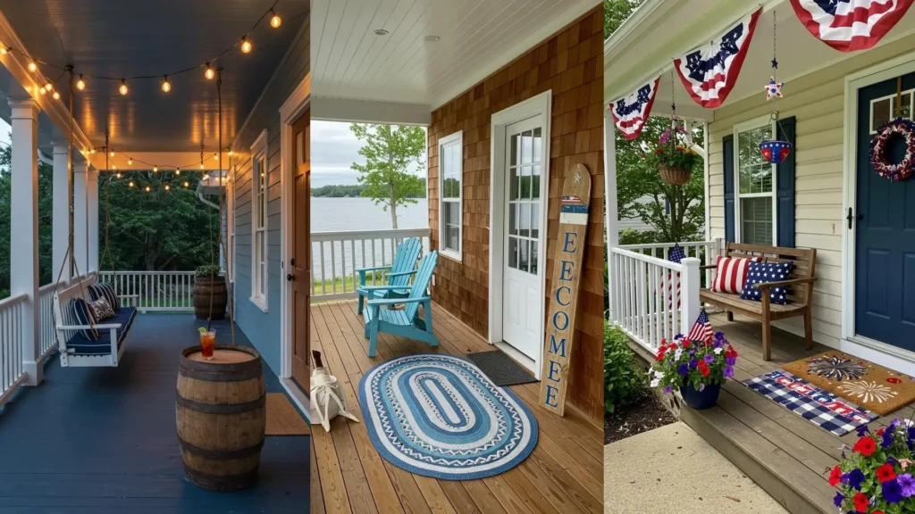 Tres porches country americanos con banderas, cojines de estrellas/rayas, columpios, y muebles rústicos para exteriores.
