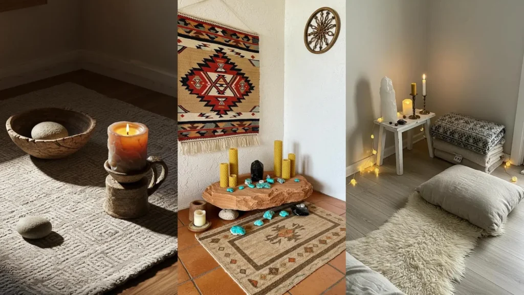 Tres rincones de meditación con piedras, velas encendidas y textiles étnicos creando ambientes serenos y relajantes.