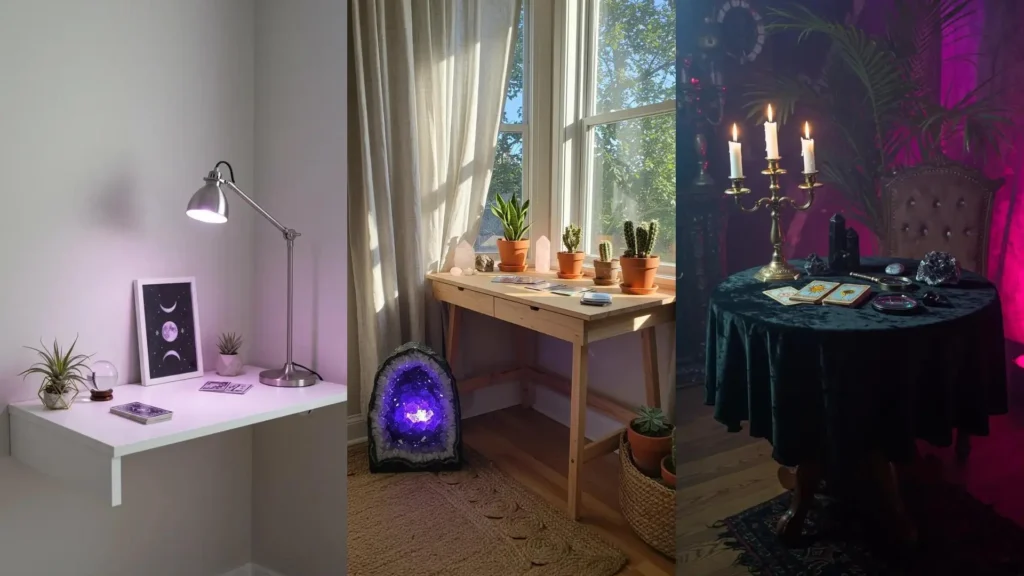 Decoración de rincón para estudiar tarot: mesa con cartas, cristales, velas y luz morada.