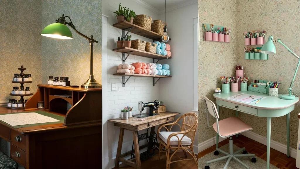 Rincón de manualidades inspirador con organizadores en tonos pastel, escritorio mint y estantes con ovillos y cestas.