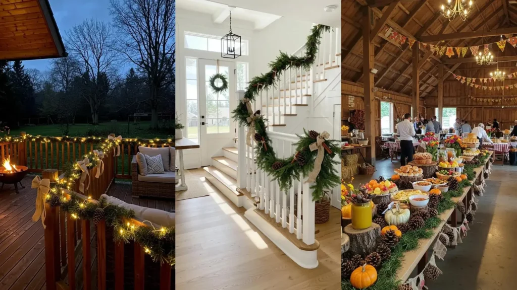 Guirnalda otoñal con piñas y lazos de yute decorando una escalera y una mesa de fiesta festiva.